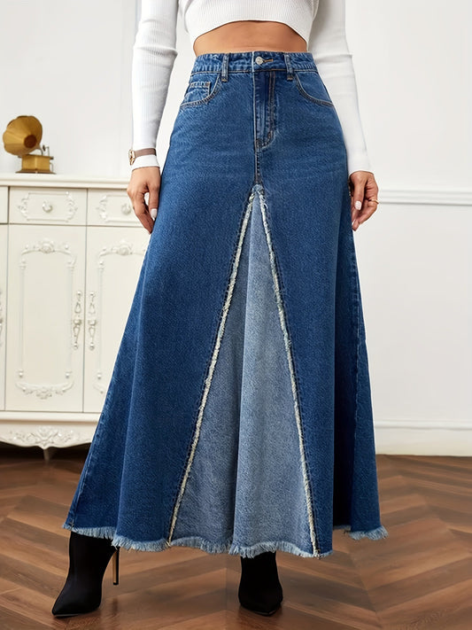 Autumn New Women's Denim Long Skirt Fashion Loose Spliced Denim Swing Skirt