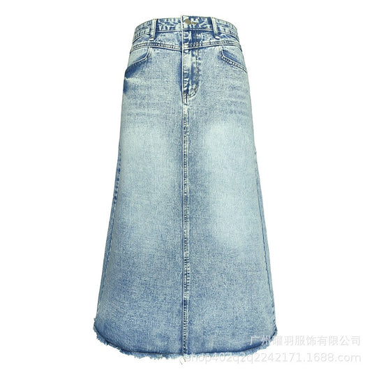 Vintage Denim Skirt Women's A-line   Blue High Waist Slim Mid Length Skirt