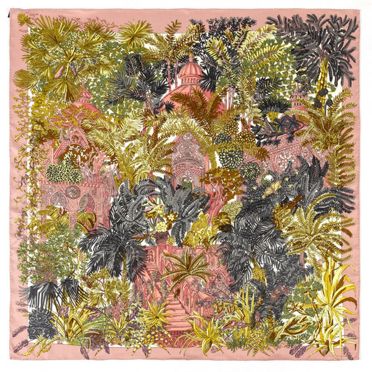 Twill silk square scarf jungle castle print scarf