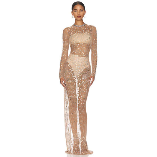 Fashionable and sexy hot diamond cover up mesh long sleeved slit dress