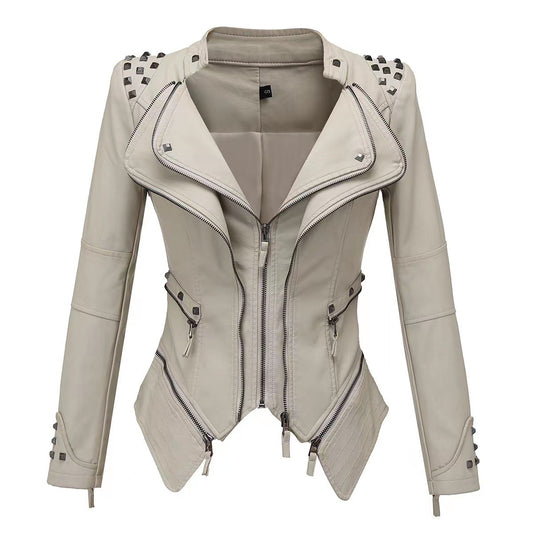 Tailed slim fit waist versatile jacket motorcycle willow nail leather jacket