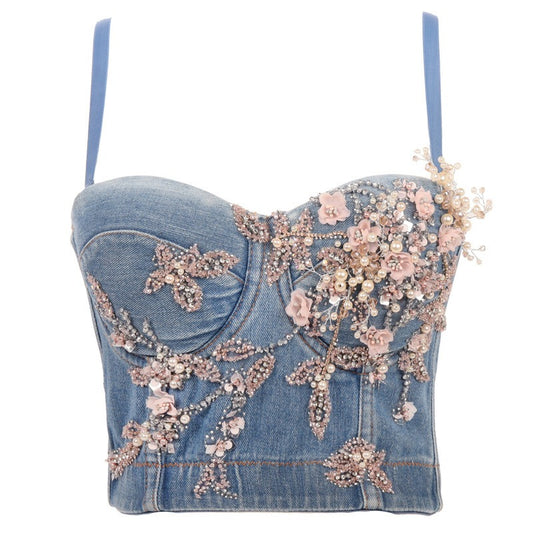 Women's clothing denim suspender, women's outerwear, heavy industrial iron tree flower nail beads