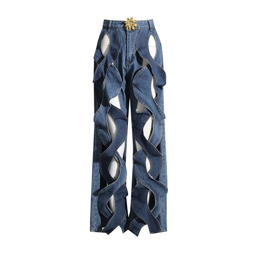 Autumn New Personalized Hollow Fried Dough Twists Wide Leg Pants Contrast Metal Decoration Straight High Waist Jeans Women