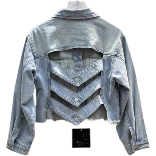 Open back sexy denim top long sleeved ruffled  loose fitting short jacket for women