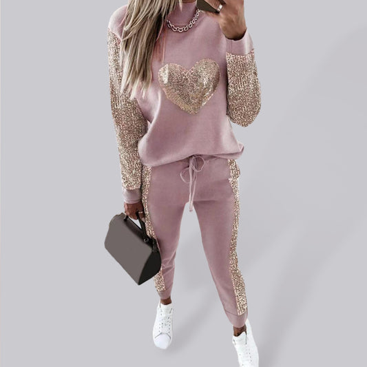 Women's Cute Heart Sequin Rib Sweater Jogger Set